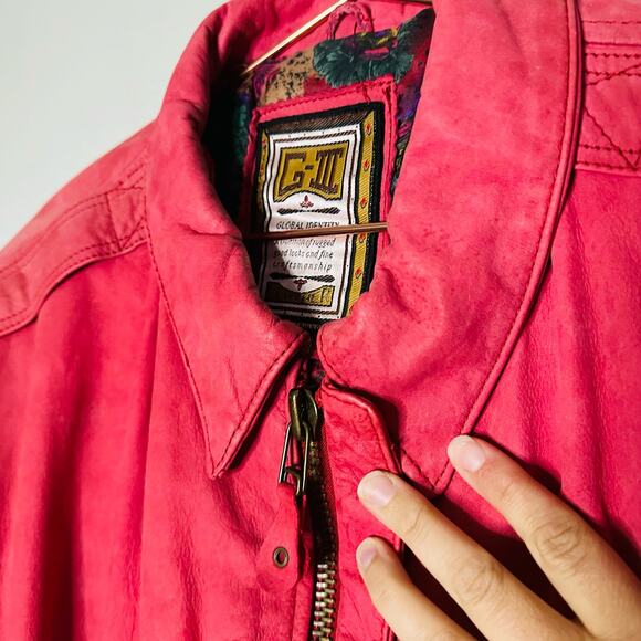 Vintage 80s Global Identity G-III Red Pink Leather Bomber Style Jacket Size M - Picture 6 of 12